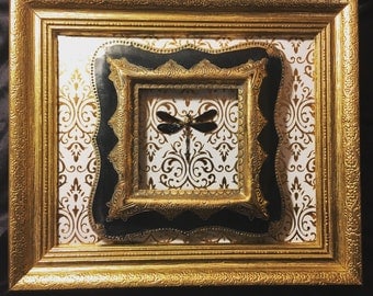 Dragonfly specimen under glass in vintage frames