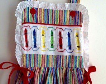 Smocked Girls Romper Jumper dress with crayons heirloom sewing children's clothing girls smocked dress play wear handmade children clothing