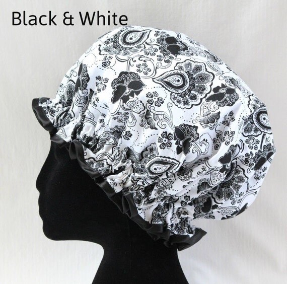 Items similar to Shower Cap fine cotton black white floral on Etsy