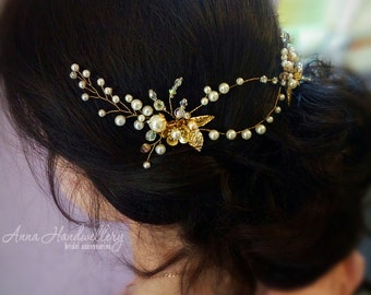 Gold Flower Leaf Headpiece, Ivory Flower Hair Vine, Hair Comb Wedding Hair Accessories, Flower Headpiece, Bridal Accessories, Gold Hair Comb