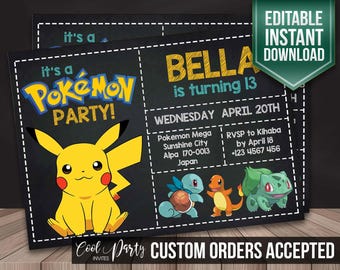 Pokemon Invitation, Pokemon invite, Pokemon birthday,Pokemon editable instant download, Pokemon party, Pokemon Printable, Pokemon