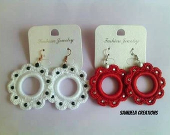 Crochet Flower Earrings with Rhinestones