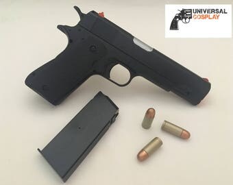 M1911 Colt 45 - Realistic Toy Gun Prop - Black Handle Pistol - w/Magazine + Bullets for Cosplay