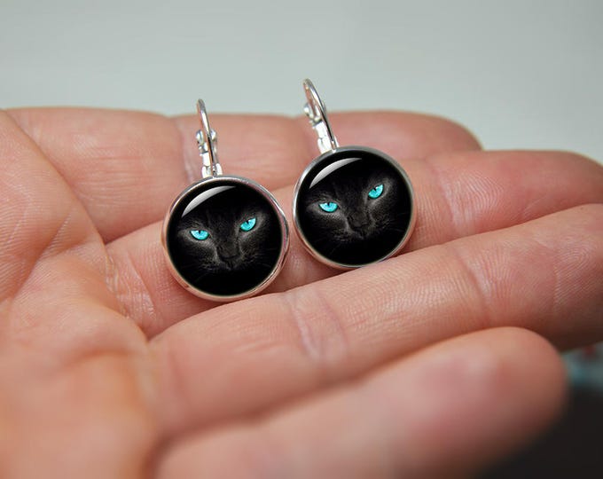 Black cat earrings, Black cat jewelry, cat jewelry, animal earrings, Black Cat Dangle Earrings, Black Blue, kitten jewelry