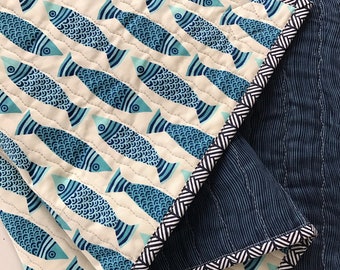 Nautical baby quilt, fish quilt, under the sea , baby boy quilt, fishing blanket, blue fish, modern nursery, modern baby quilt,