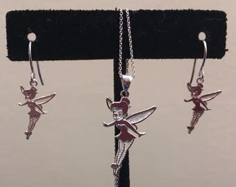 Sterling Silver Disney Tinkerbell Drop Earrings and Pendant Set