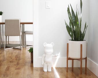 Large - Mid-century Modern Planter with Walnut or Oak Wood Planter Stand - 12" White Cylinder Pot