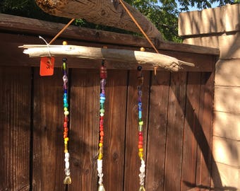 Rainbow beaded windchime with Alaskan driftwood