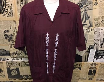 Vintage 1950s Cuban Guayabera Rockabilly Shirt in Burgundy with White Embroidery by Abdala Size XL