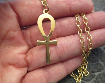 Beautiful Large Gold ANKH necklace> 24" chain> Authentic Vintage 1970's> New old stock, never worn