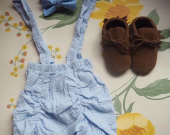 Baby boy first birthday outfit, Cotton shorts dungarees, moccasins and bow tie outfit summer page boy first birthday cake smash photo props