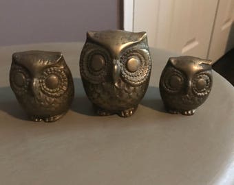 Vintage Brass Owl Family