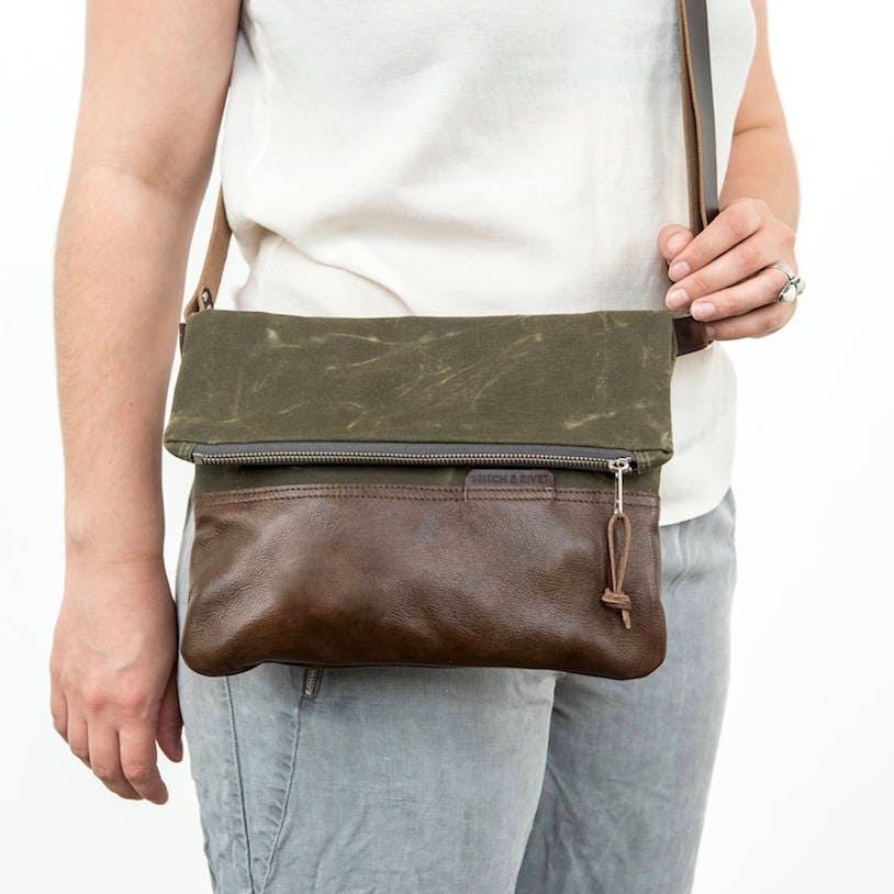 Waxed Canvas and Leather Foldover Crossbody Bag Olive