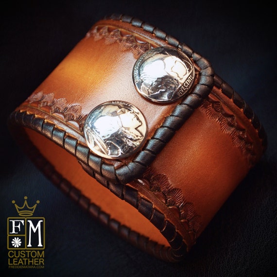 Leather cuff Bracelet 2" Brown sunburst Vintage style laced, hand tooled, Buffalo nickels - Quality Made for YOU in NYC by Freddie Matara