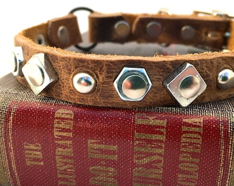 Rustic Brown Leather Cat Collar with Industrial Geometric Shapes to fit a 8-10in Neck, EcoFriendly Leather, , OOAK