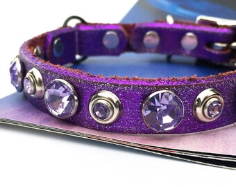 Royal Purple Glitter Leather Cat Collar with Purple Rhinestones, Size to fit a 8-10in Neck, Eco-Friendly Leather, Seattle Handmade, OOAK