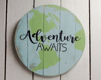 Adventure Awaits World Sign | Adventure Awaits Globe Sign | Round Reclaimed Wood Sign | Wood World Sign