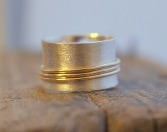 Sterling Silver Brushed Gold Spinner Ring - Silver Gold Fiddle Ring SR122