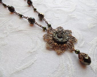 Antique Button Necklace with Earrings, Olivine
