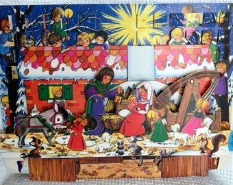 Vintage Cardboard Advent Calendar - Large Size with Sweet Vintage Images of A Child's Nativity Scene - Dimensional with Moving Parts