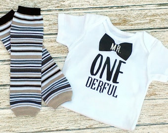Baby Boy First Birthday Outfit - 1st Birthday Bodysuit and Leg Warmers for Boy - Cake Smash Outfit