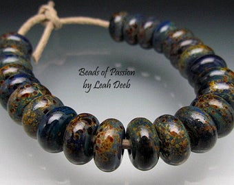 Artisan Glass Beads Leah Deeb Lampwork - 24 Special Earthy Speckled Donuts