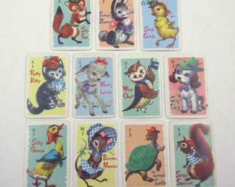 Miniature Vintage Animal Rummy Children's Playing Cards by Whitman Set of 11