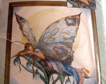 Rare Janlynn Lanarte Quiet Moments Butterfly At Rest Fairy Wings Counted Cross Stitch Kit New Picture Wall Art Decor Romantic Chic