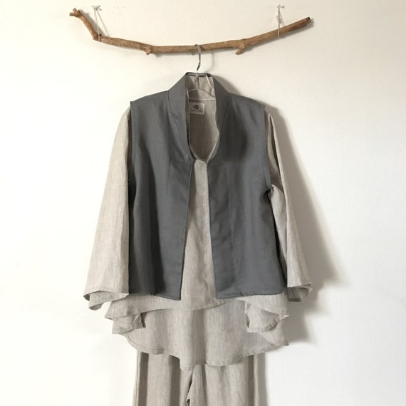 linen outfit blouse vest pants handmade to measure petite to