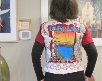 NATIONAL PARK Couture - altered t SHIRT retro kitsch - antique vintage linens embroidery lace Patchwork Fabric Collage Wearable Folk Art