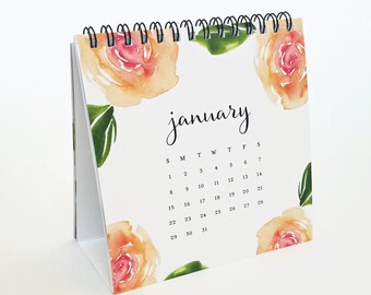 SALE - 2017 Watercolor Desktop Calendar - Watercolor Floral Calligraphy Script Desk Calendar