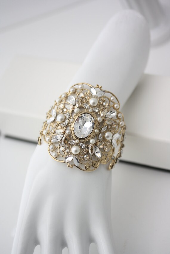Items similar to Gold Wedding Cuff Bracelet Wide Filigree Bridal