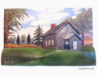 Vintage Wood Wall Art, Carving / Landscape Cottage Painting