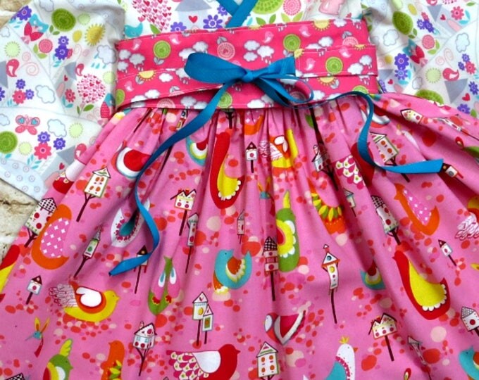 Girls Cotton Summer Dress - Toddler Clothes - Tea Party Birthday - Pretty Pink Dresses - Birds - Boutique Kimono Dress - 2T to 7 years