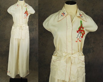 vintage 30s 40s Asian Pajamas - White Embroidered Silk Shirt and Palazzo Pants 1940s Lounge Wear Sz S