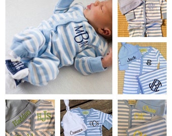 3 piece striped monogrammed baby boy gift set. Baby Boy Gift Set. 0-6 month size.