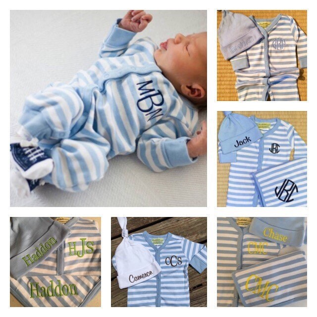 3 piece striped monogrammed baby boy gift set. Baby Boy Gift