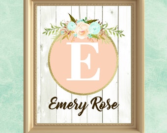 Baby girl nursery wall art peach mint gold nursery decor personalized baby gift for baby wall art girl floral letter art custom name print