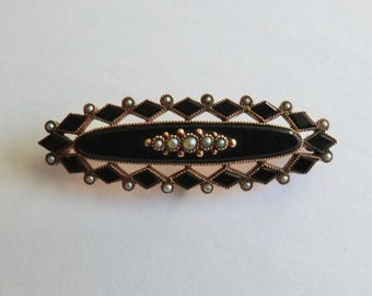 Victorian GF Mourning Brooch Jet and Seed Pearls Pin