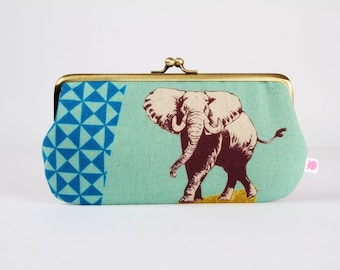 Frame purse with two sections - Elephant and lion on turquoise blue - Wowlet / Kisslock wallet / Japanese fabric / Echino / brown purple