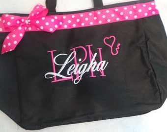 RN Bag, LPN bag, Nurse Bag, Tote Bag Personalized with stethoscope Embroidered Great Gift Name with Large Initial Ribbon and bow.
