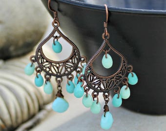 Bohemian Chandelier Earrings, Peruvian Opal Gemstone, Blue, Green