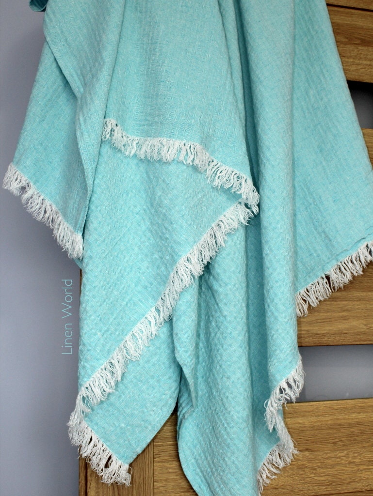 Large Linen Throw Blanket. Blue Herringbone Pure Linen