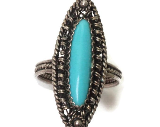 Turquoise Lucite Cabochon Ring Silver Cannetille Filigree Vintage Size 7.5/P