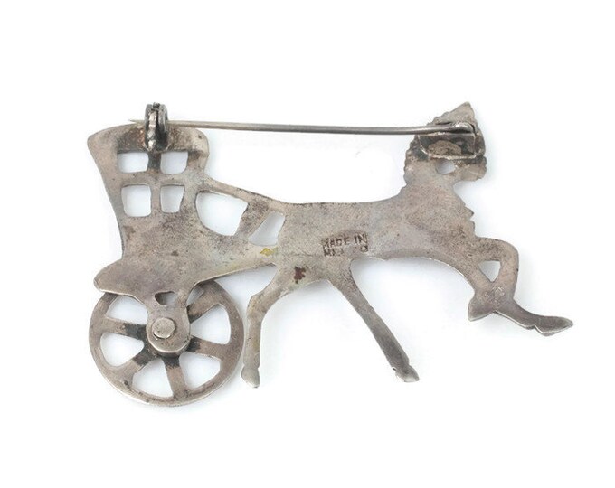 Horse and Buggy Brooch Movable Wheel Mexican Silver Vintage