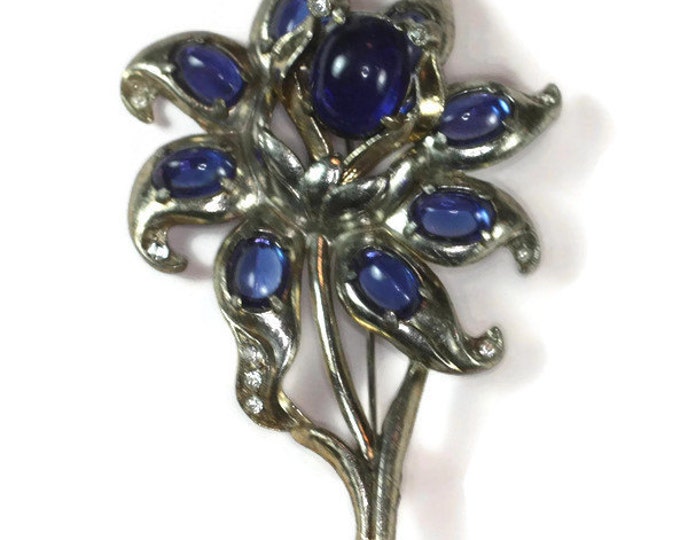 Large Flower Brooch Blue Cabochons Clear Rhinestones Pot Metal Vintage