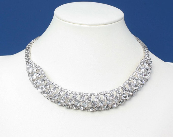 Rhinestone Collar Necklace Clear Crystals Vintage Wedding Bridal Diva Glamor Girl