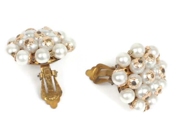 Faux Pearl Cluster Clip Earrings Japan Gold Tone Accents