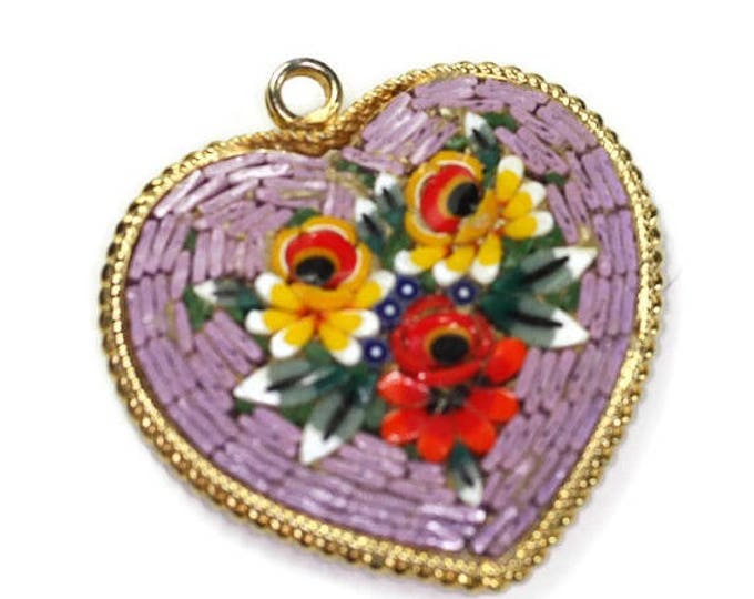 Lavender Mosaic Heart Pendant Florals Vintage Signed Italy