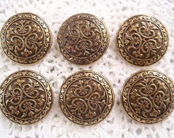 Vintage 6 Gold Metal Buttons Regal Looking Bohemian Gypsy Button Set Medieval Charm